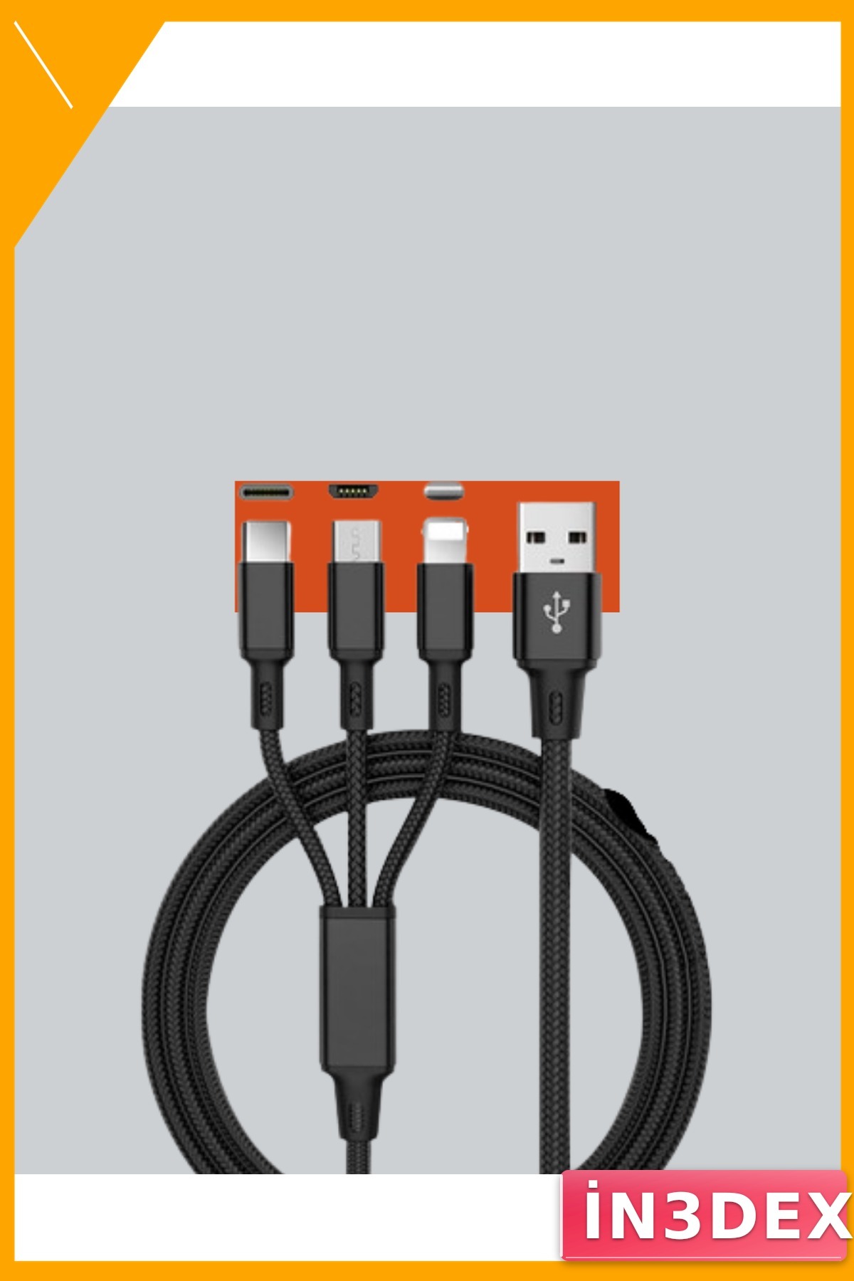 3'ü 1 Arada Hızlı Şarj Kablosu iOS Android Type-C 1.2m