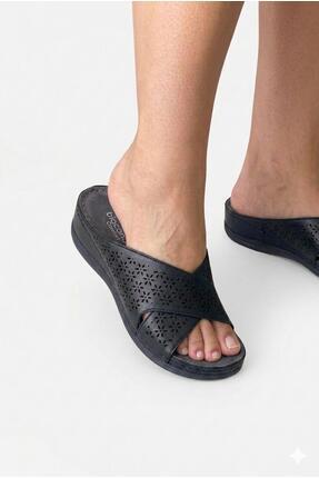 Biocomfort Kadın Siyah Hakiki Deri Lazer Kesim Anatomik Comfort Terlik-786