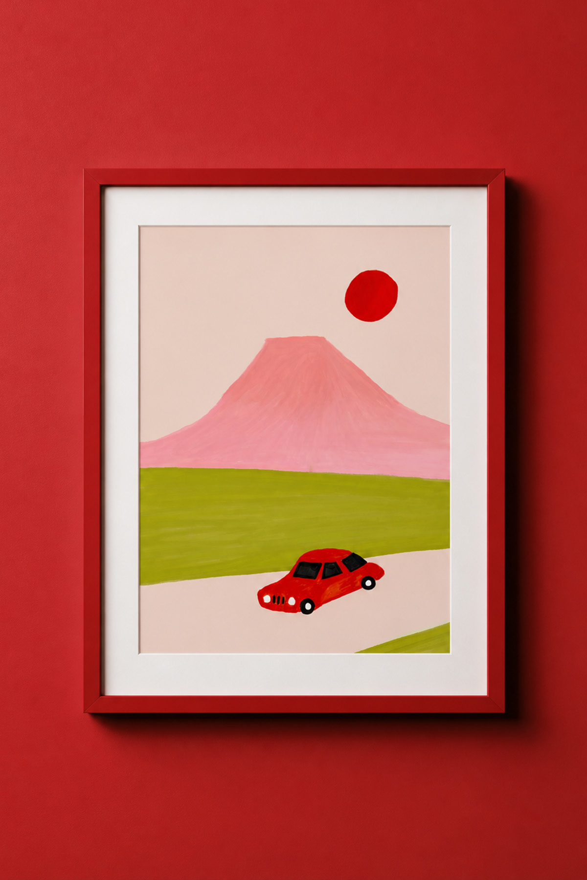 Minimal Dağ Yolu Tablo Poster Pembe Manzara Araba İllüstrasyon Çerçevesiz