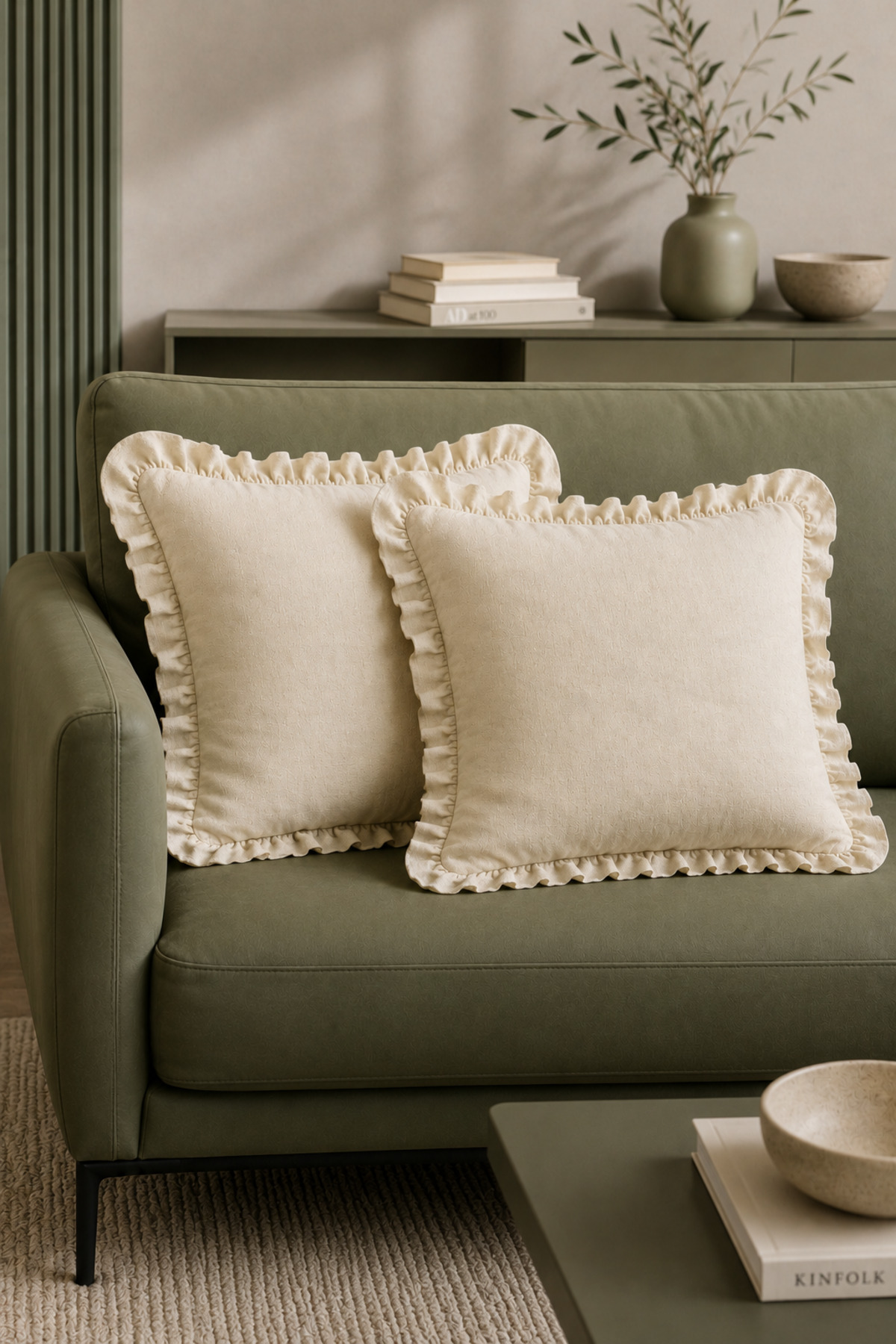 2pcs Frilly Flat Cream Decorative Pillowcase 100% Cotton Zipper 45x45 cm