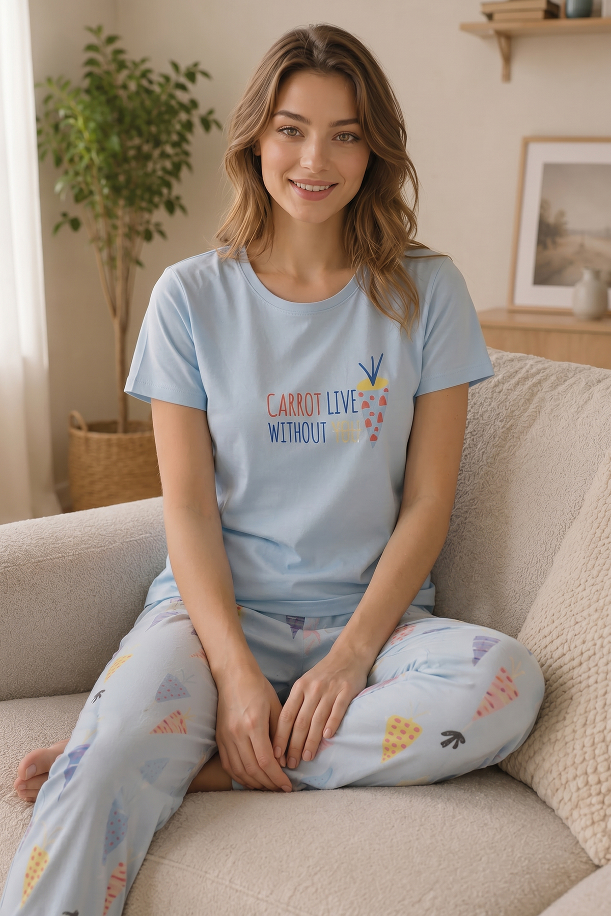 Long Comfortable Cotton Pajamas Set Under Round Neck 41681