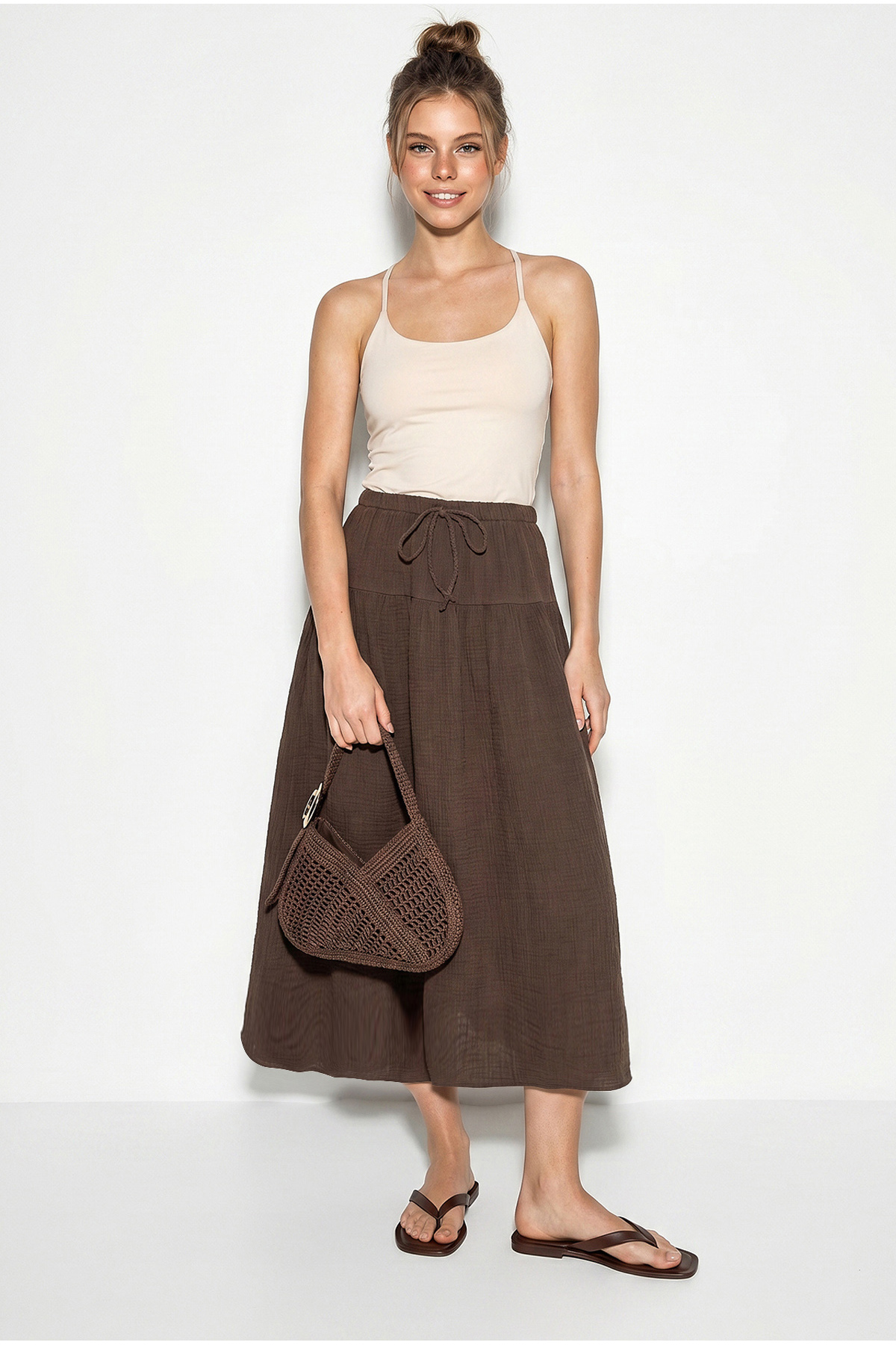 Women Elastic Waist Lace-up Muslin Midi Skirt YE4473 60286111