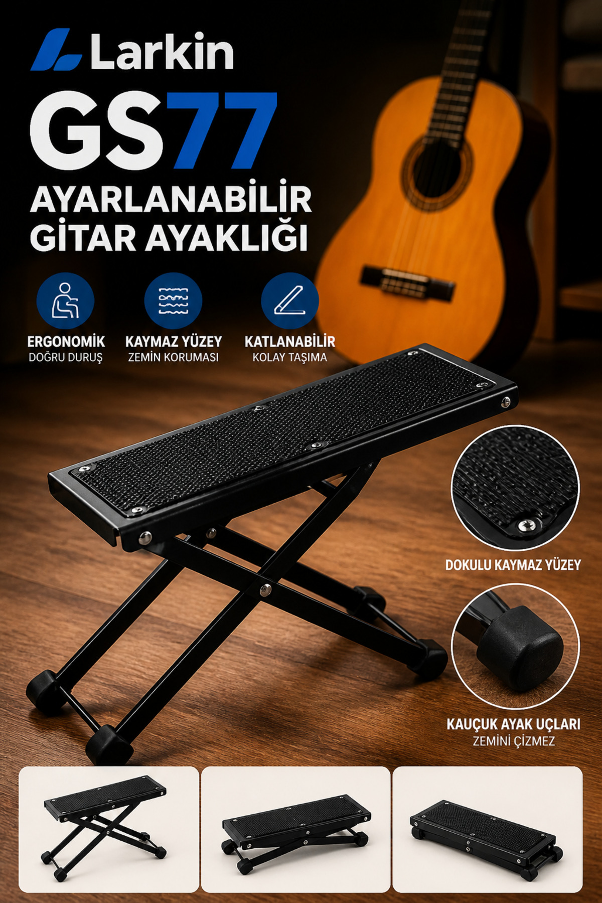 Larkin GS77 Katlanabilir Ayarlanabilir Gitar Ayaklığı Ayak Sehpası (Özel Dengeli Yapı)