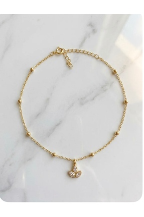 SARIASLAN 925 Ayar Gümüş Lotus Çiçeği Top Zincirli Gümüş Halhal Gold Renk