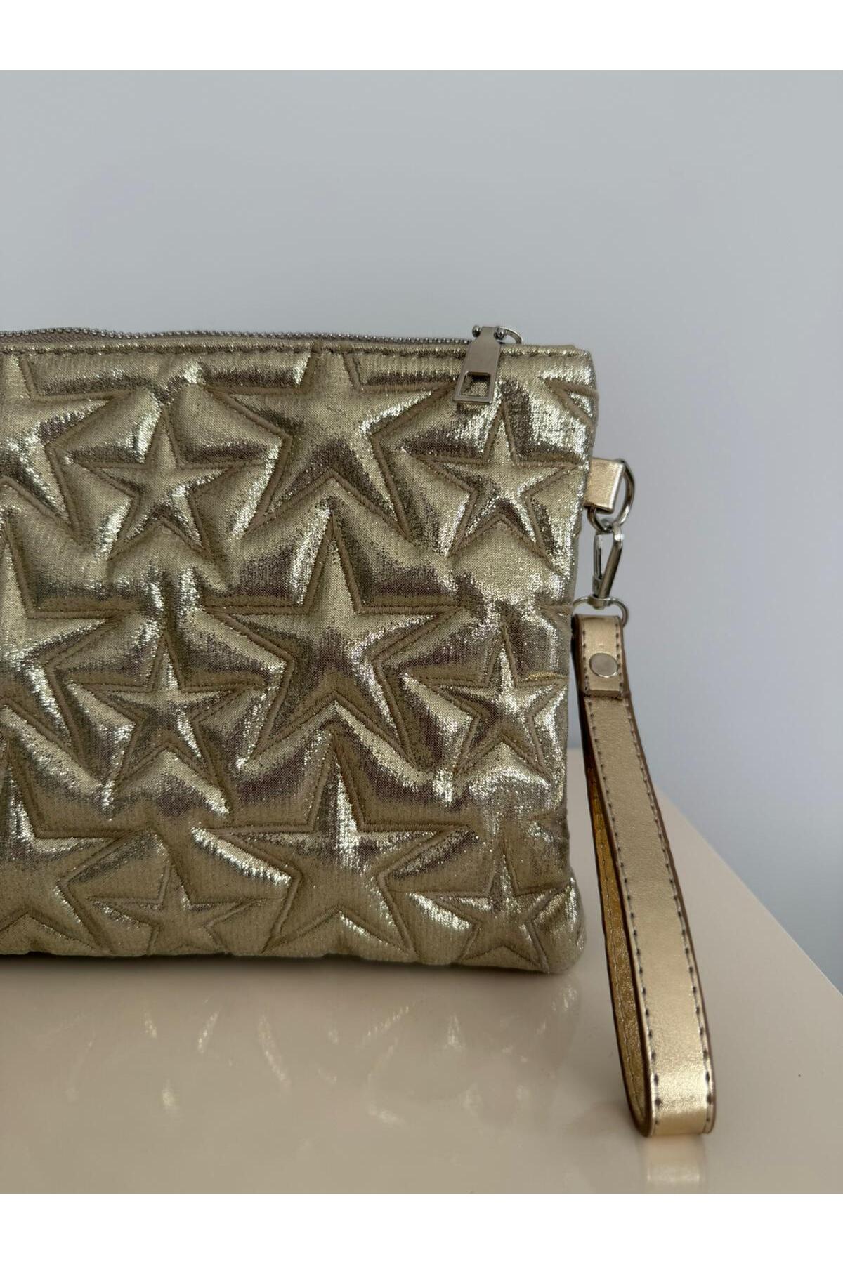melecco Yıldız Dikişli Clutch Star Kadın Çanta Simli Gold Yıldız Desenli Gold Parlak Portföy & Clutch Çanta Çıkarılabilir Bileklik Askılı görsel 4