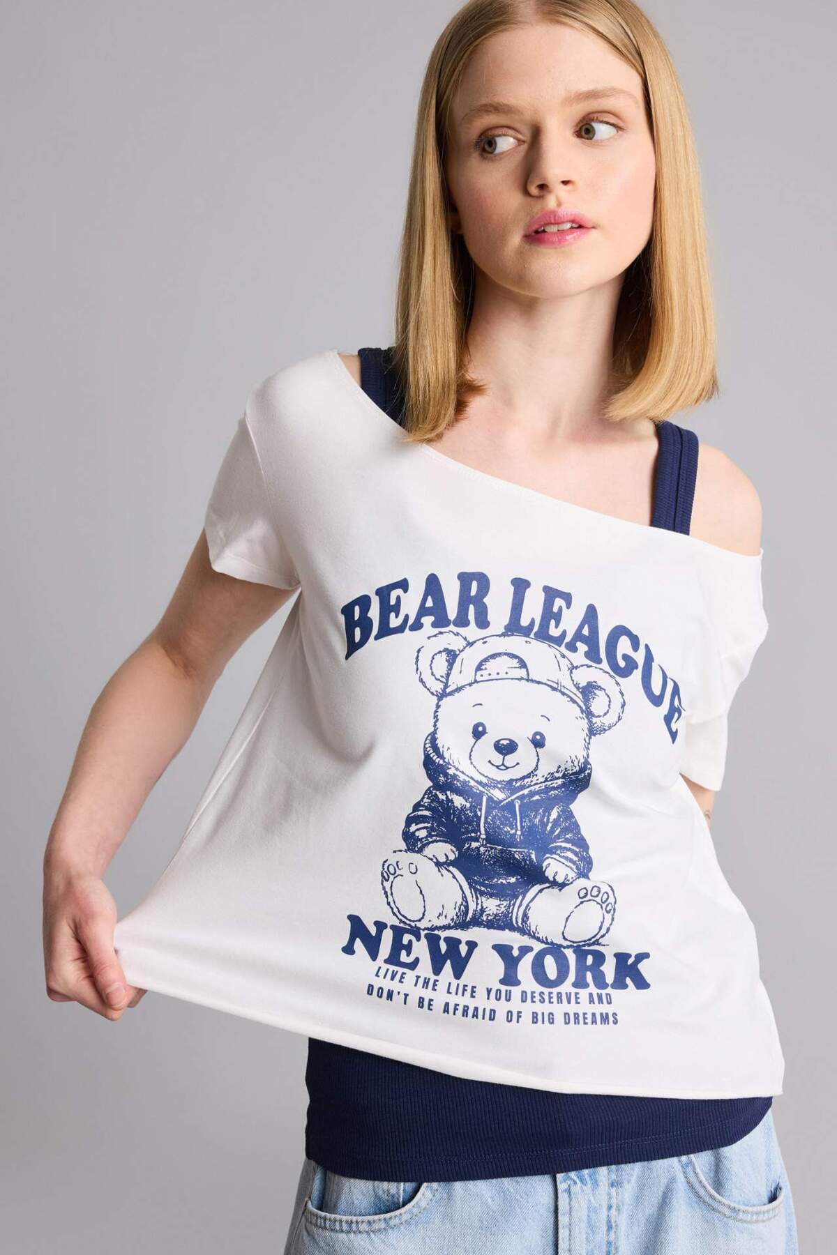 Defacto Boxy Fit Boat Neck Printed Short Sleeve T-Shirt H8921Ax26Hs