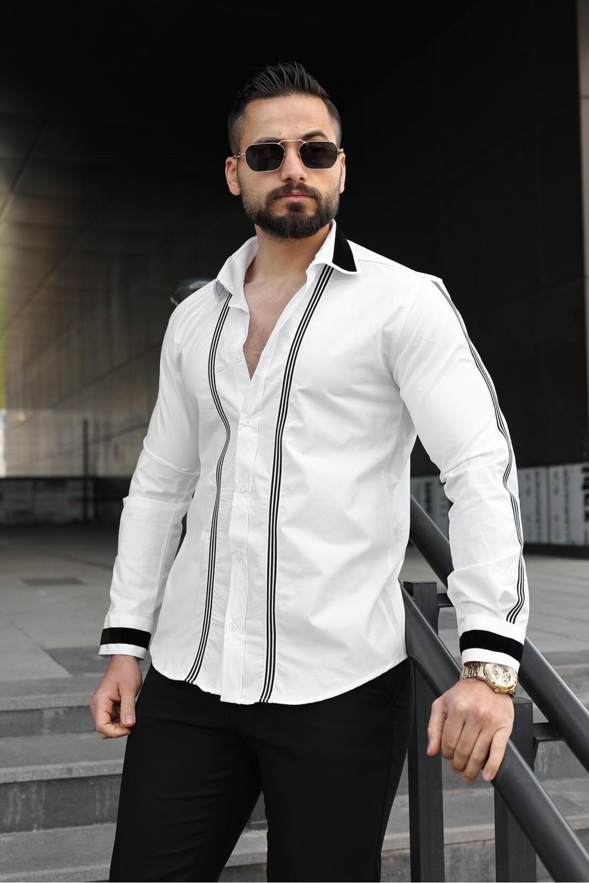 Erkek Slim-Fit İtalyan Yaka Dikey Şerit Detaylı Premium Lüks Gömlek — سفید BAYIM İTALYAN