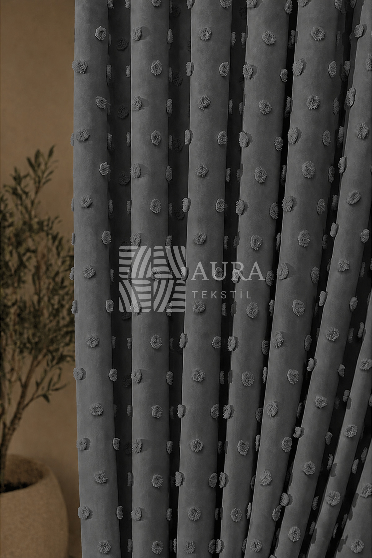 Linen Textured Pompom Anthracite Backdrop Curtain , Straight Planting , Tassel Backdrop Curtain , Linen Backdrop Curtain