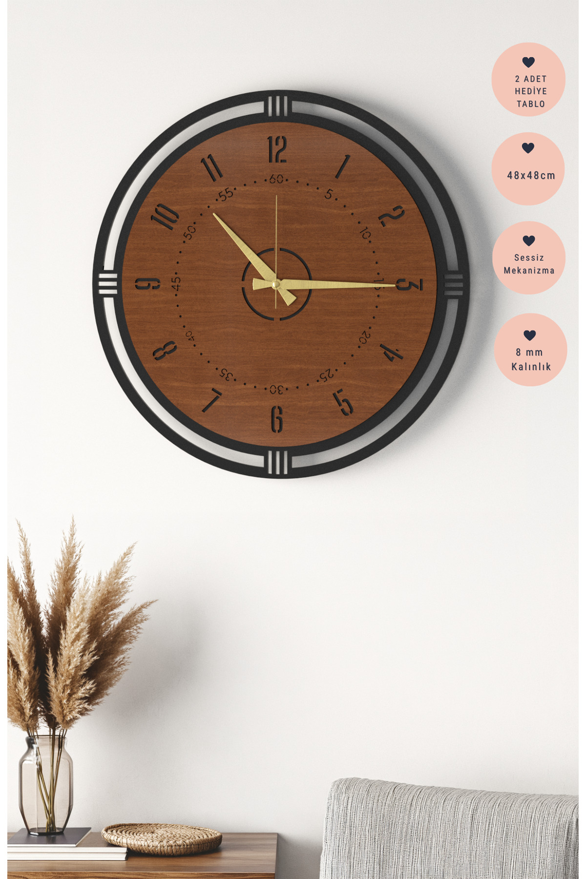 Large Size 48x48cm Astrynn Black - Walnut Wall Clock and 2 Pieces Gift Table Set - Silent Mechanism, Modern Home Decor