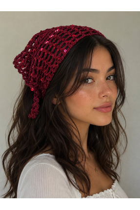 lunera Bordo Pullu El Örgüsü Bandana %100 Pamuk Ajur Detaylı Saç Bandanası 55...