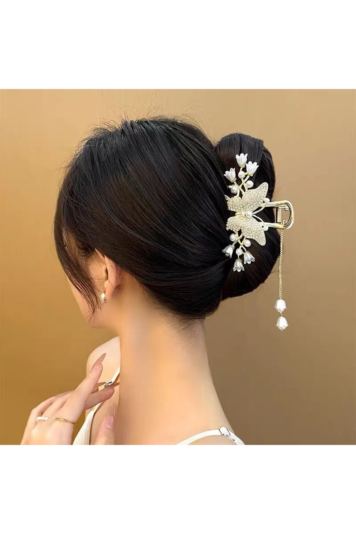 Women's Gold Metal Zircon Gemstone Pearl Butterfly Shaped Latch Buckle - Swinging Flower Detail