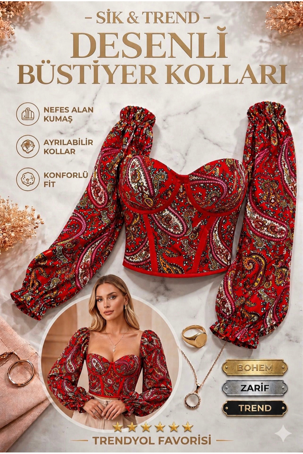 atelier burcu Trend Desenli Büstiyer İçin Balon Kol Kadın Crop Top Kombin (Büstiyer Dahil Değil)