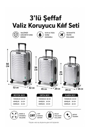 Trink Çanta Şeffaf Valiz Koruyucu Kılıf Ve Bavul Koruyucu Kılıf - 3'l ü SET (...