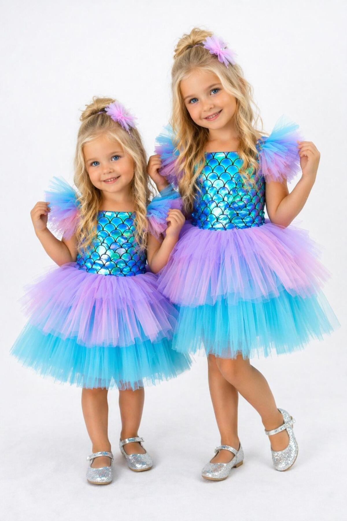Girl Mermaid Tulle Dress – Colorful Glossy Top & Layer Tutu Skirt Stylish Party Dress 1805