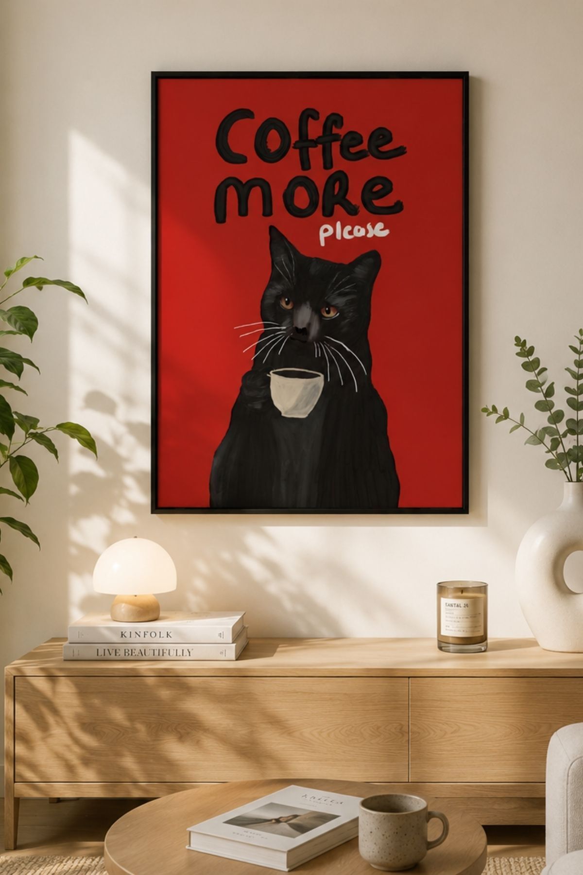 Kahve İçen Kedi Poster Siyah Kedi İllüstrasyon Duvar Tablosu Çerçevesiz
