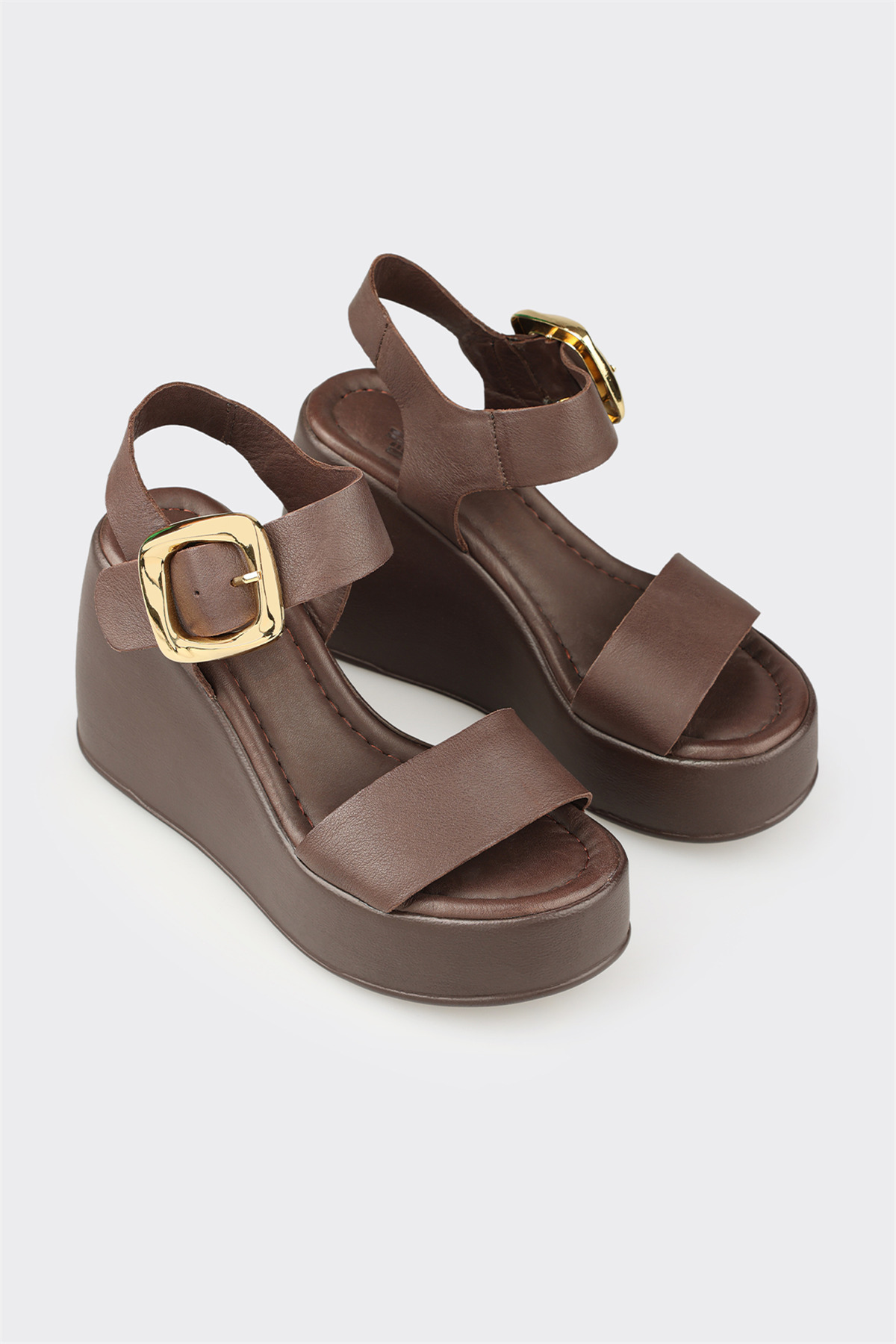 Elle Shoes Kahve Deri Kadın Dolgu Topuk Sandalet görsel 2