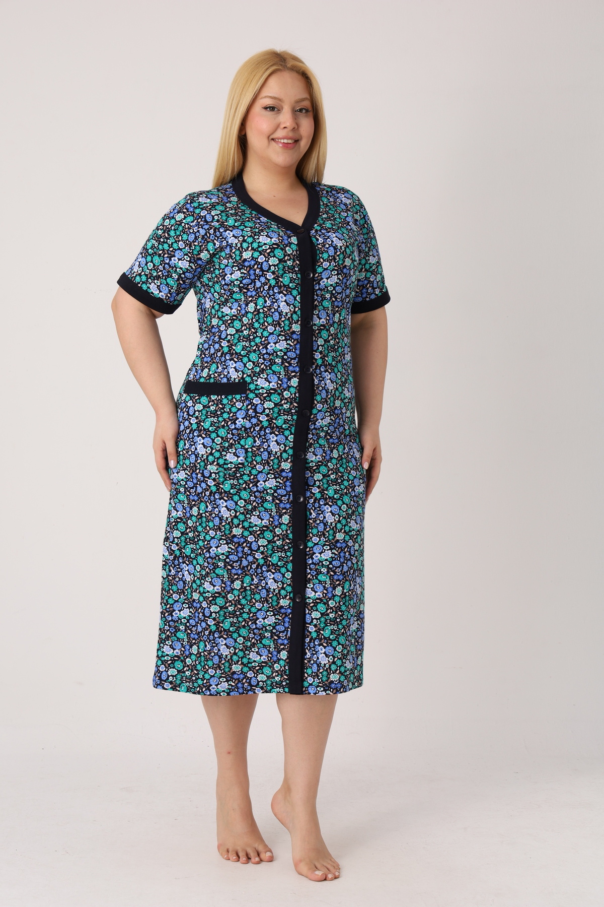 Women's Plus Size 100% Cotton Combed Fabric Buttoned Summer Dress / Green-Navy 4180