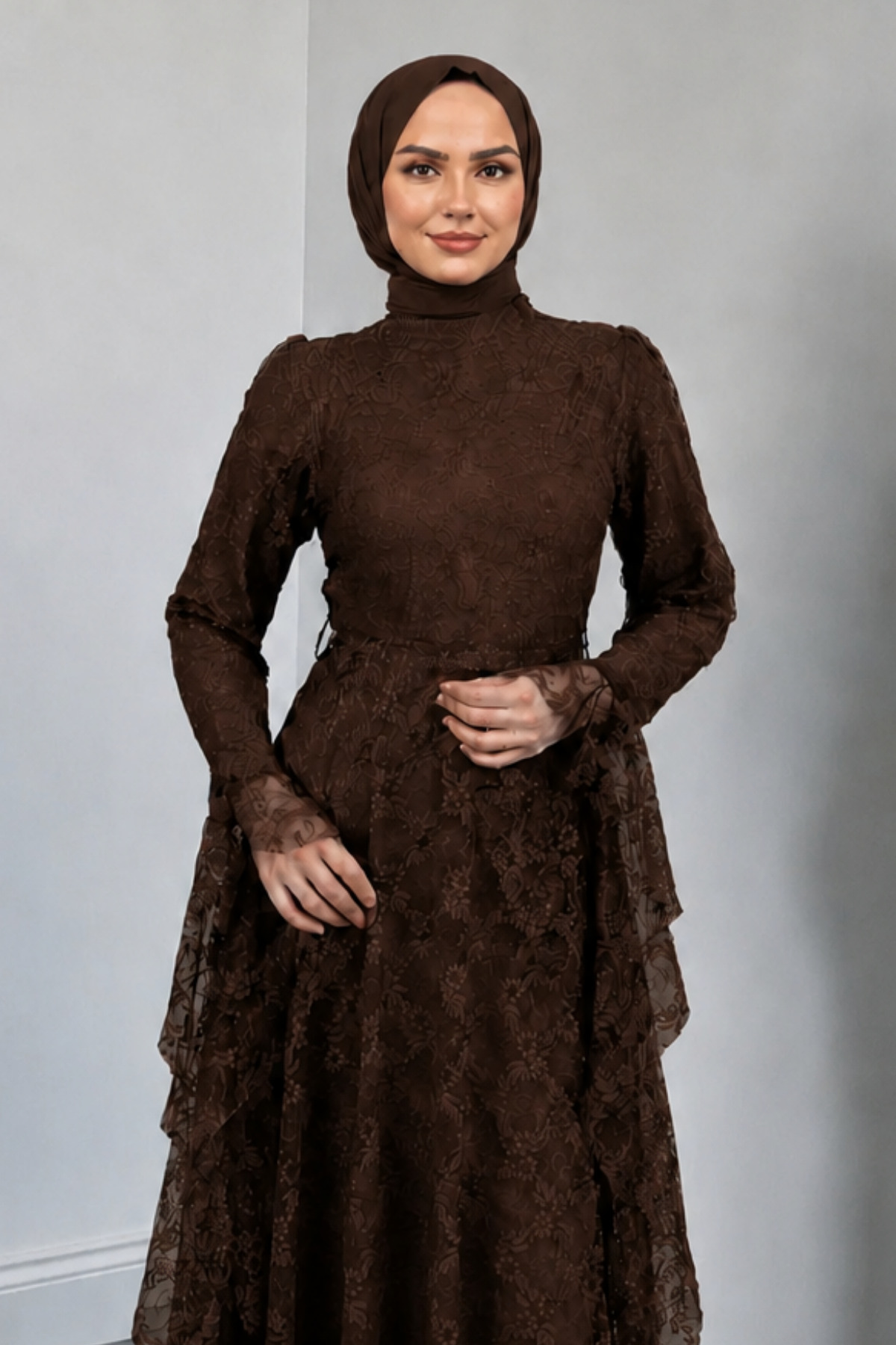 Abiye Diyarı Zelal Belted Lace Fabric Lined Hijab Evening Dress