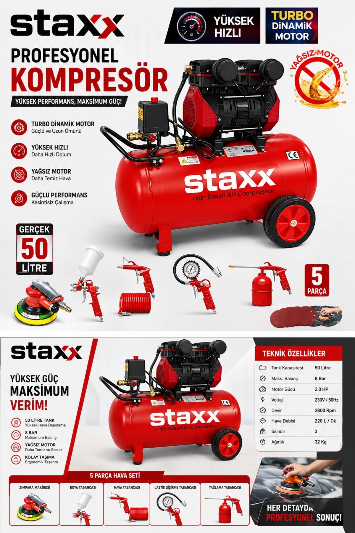 STAXX POWER 50 Litre Sessiz Yağsız Hava Kompresörü + 5 Parça Hava Kompresör Seti Havalı Orbital Zımpara Dahil