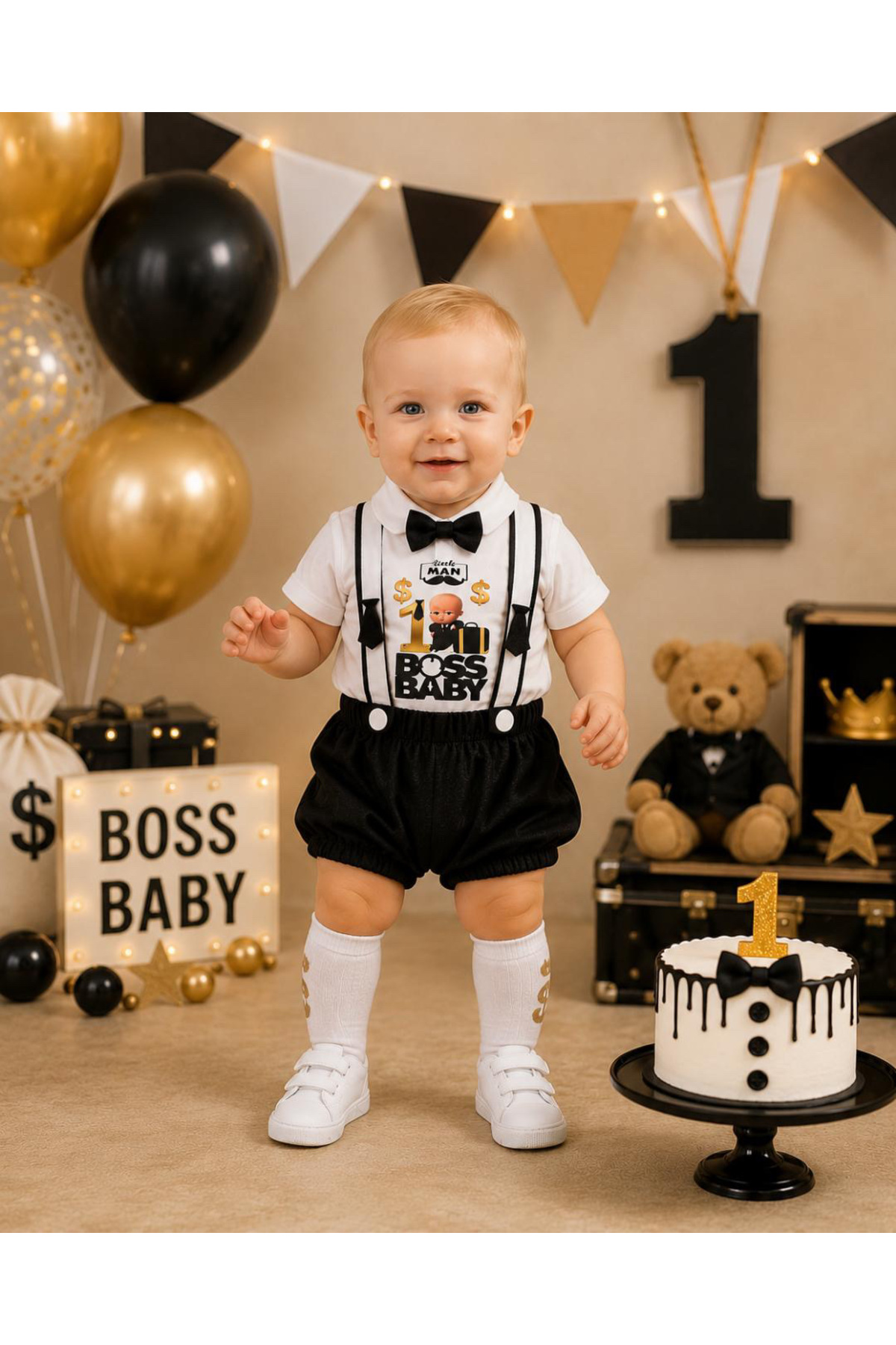 Boss baby concept men's salopette socks shirt bow tie set