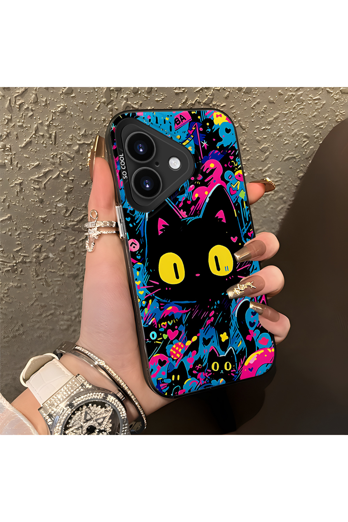 iPhone 16 Compatible Silicone Edge Hard Back Case Couple Phone Case with Cat Pattern