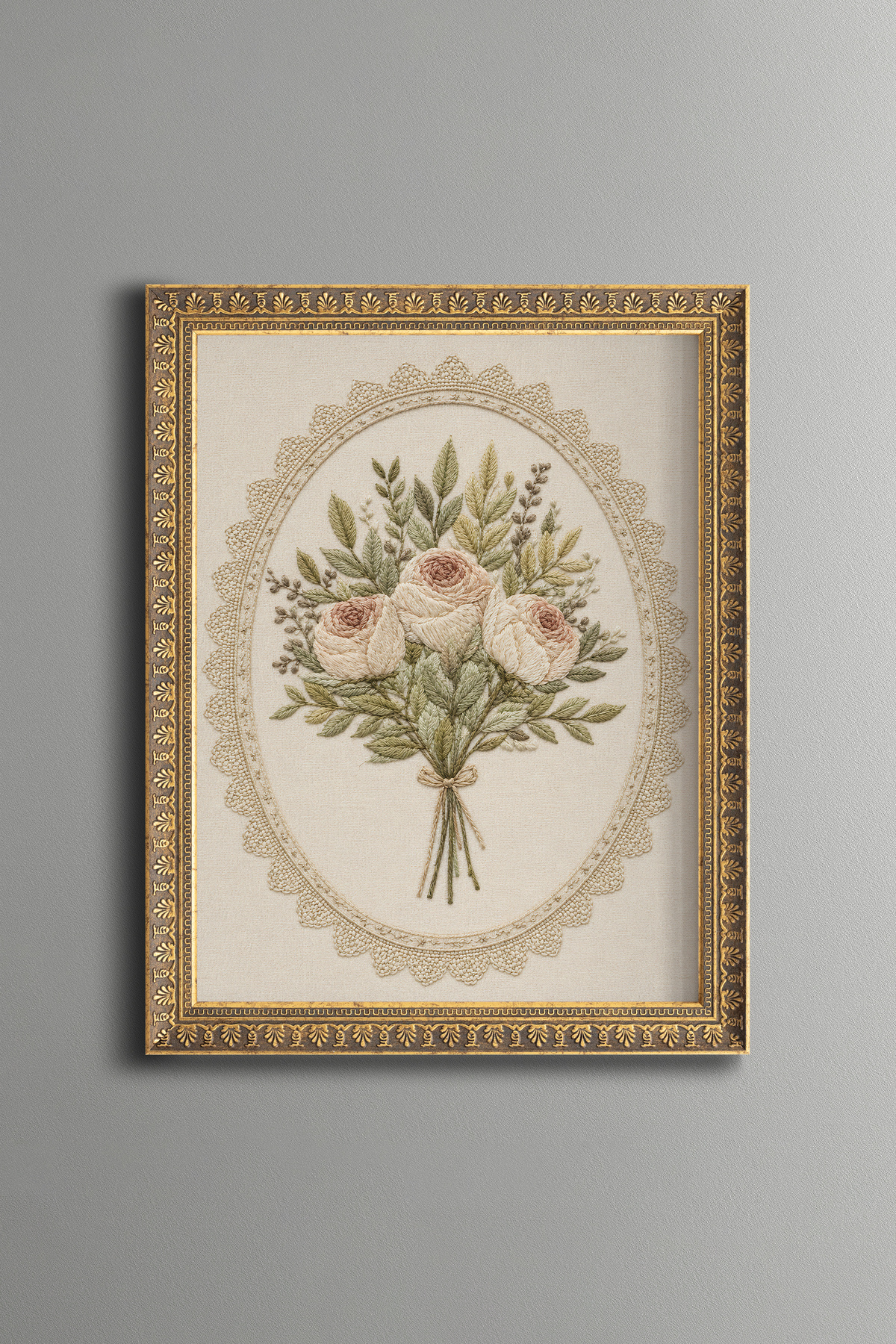 Pastel Roses with Embroidery Look - Vintage Pattern Frame - Slim Model