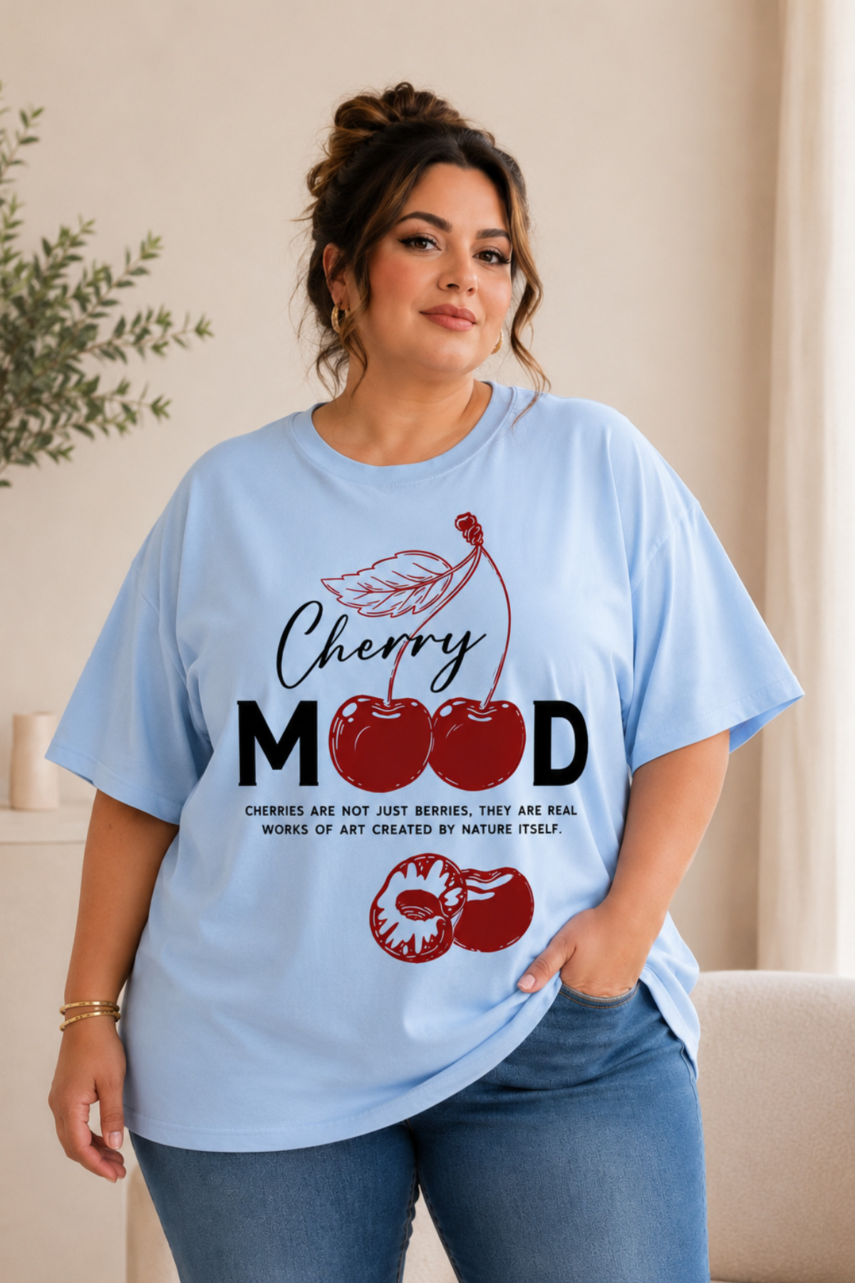 ZAVIXO Büyük Beden Oversize Kadın Tişört Cherry Mood Kiraz Baskılı