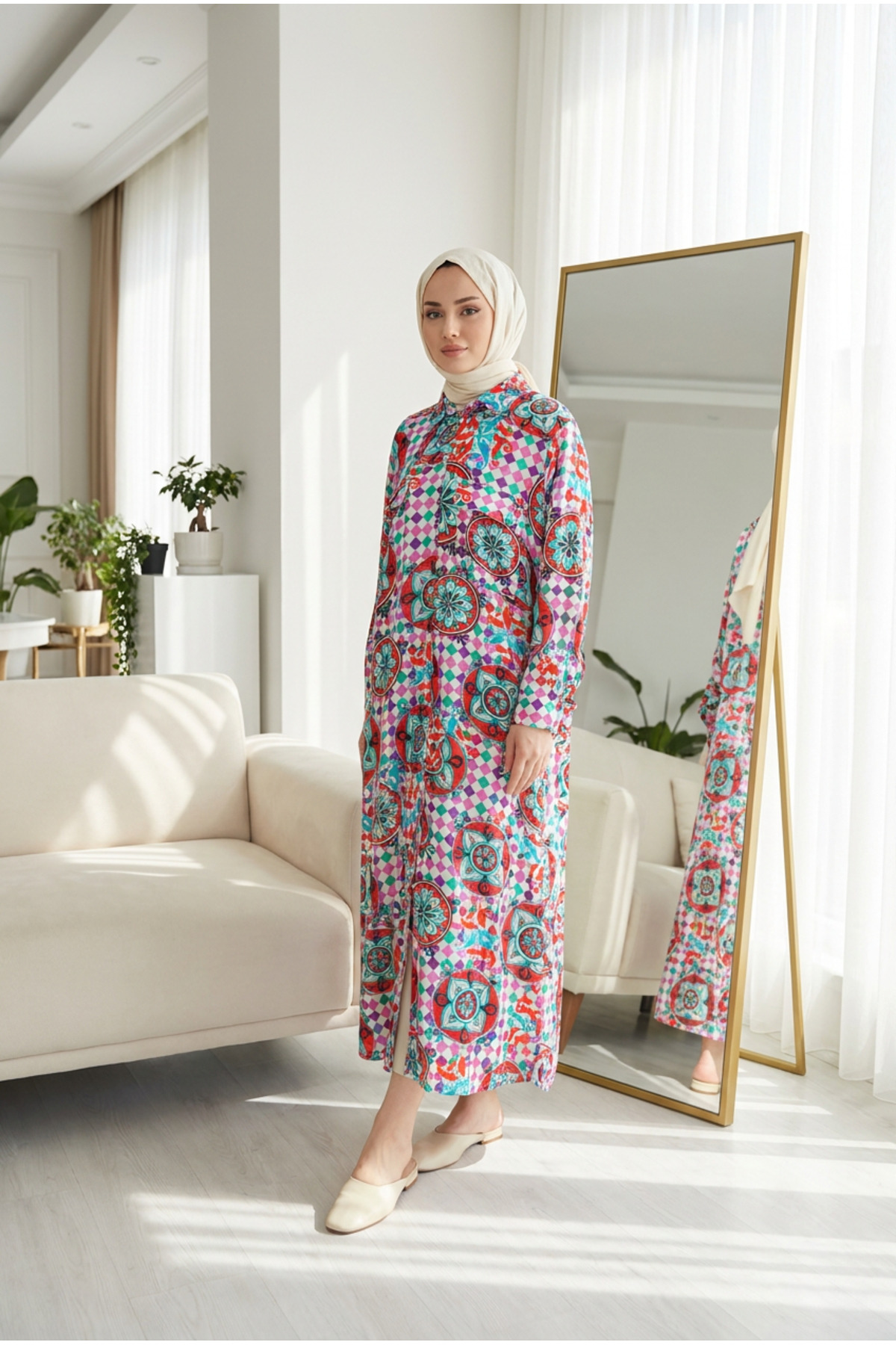 Women's Bohemian Patterned Judge Neck Buttoned Hijab Shirt Dress