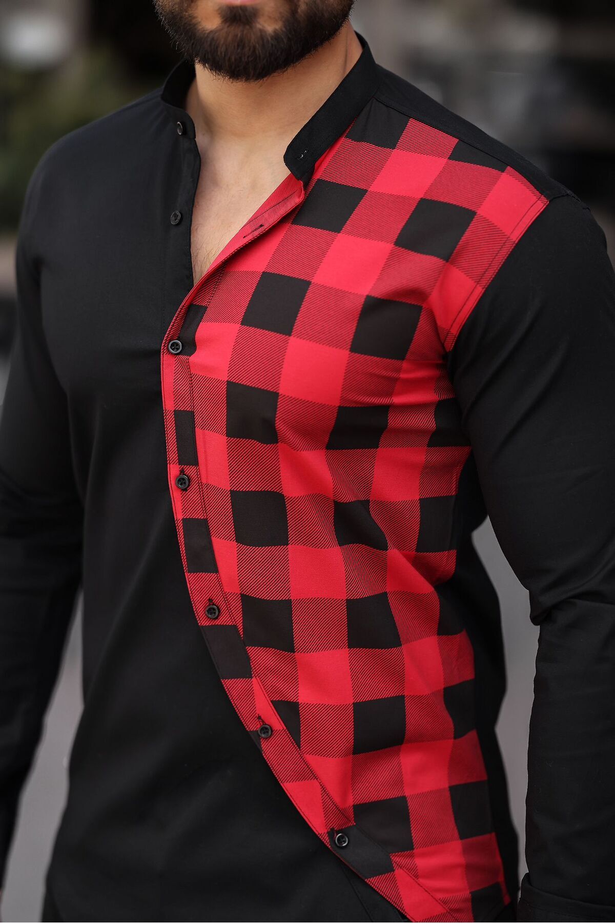 Ekose Detaylı Asimetrik Kesim Erkek Slim Fit Gömlek — مشکی BAYIM EKOSE DETAYLI ASİMETRİK — تصویر 5 از 5