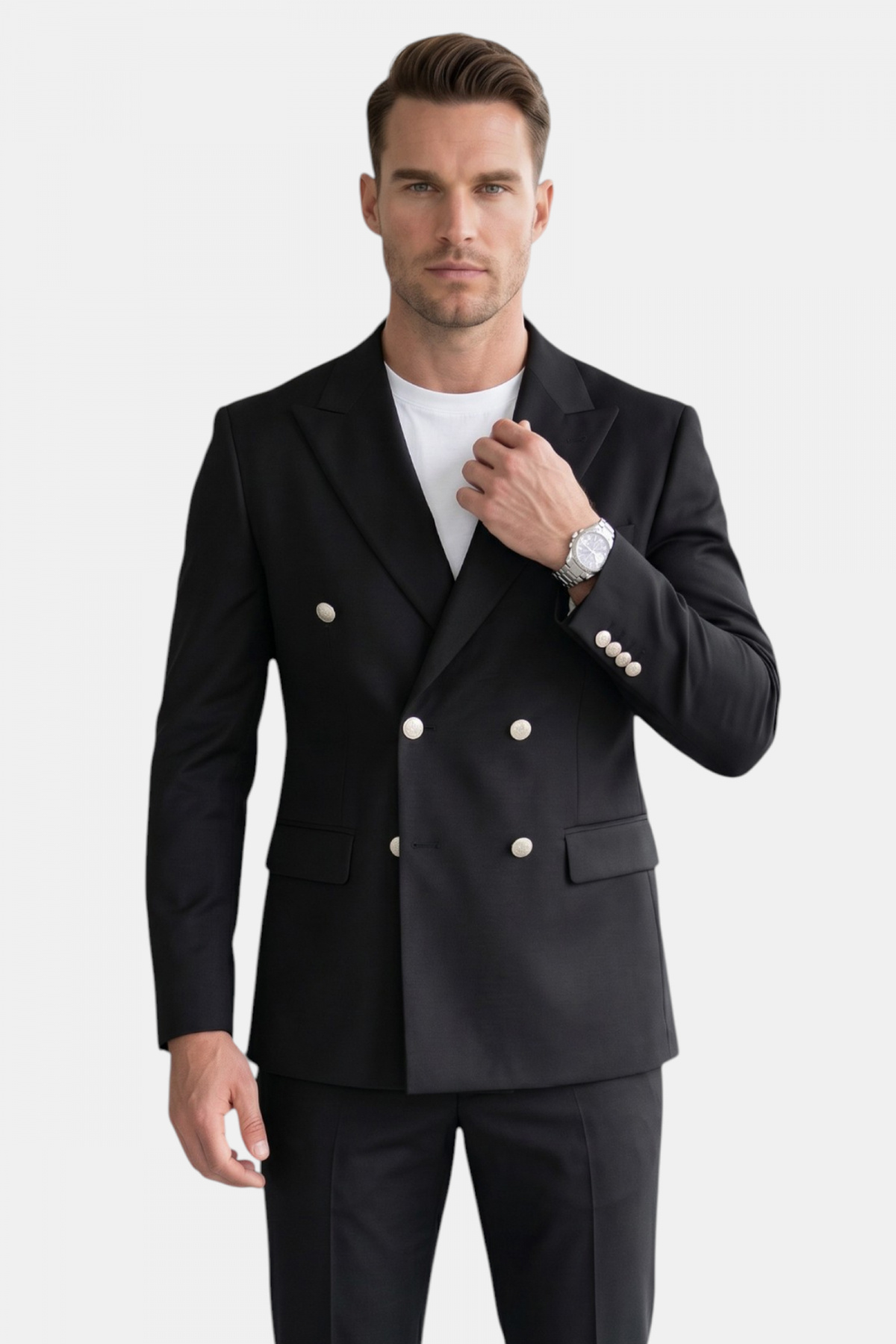 Erkek Siyah Slim Fit Kruvaze Takım Elbise Likralı Çizgili Dokulu Metal Düğmeli 2600820 — مشکی OWEEY2600820 — تصویر 2 از 8