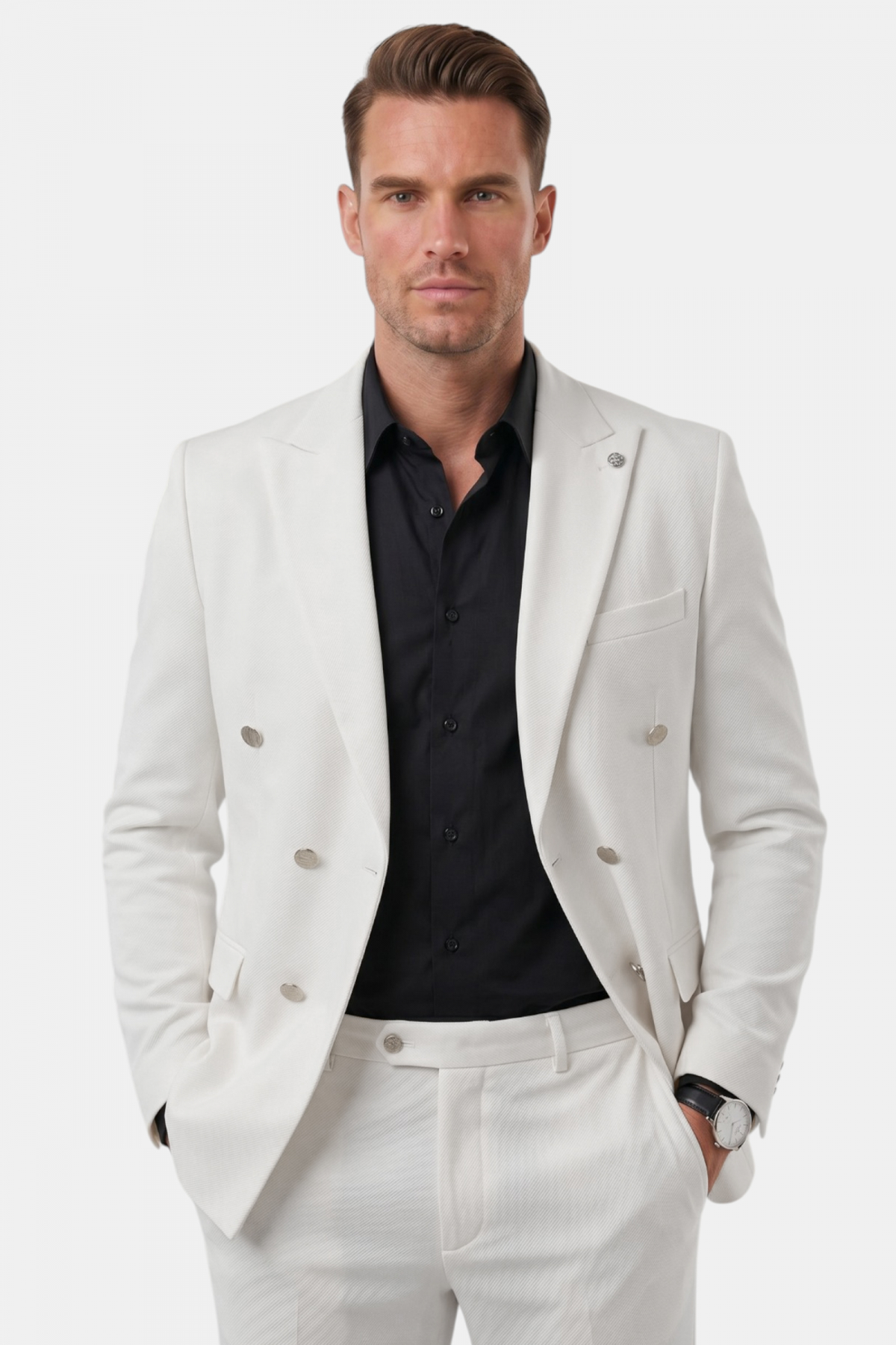 Erkek Beyaz Slim Fit Kruvaze Takım Elbise Likralı Çizgili Dokulu Metal Düğmeli 2600820 — سفید OWEEY2600820 — تصویر 4 از 6