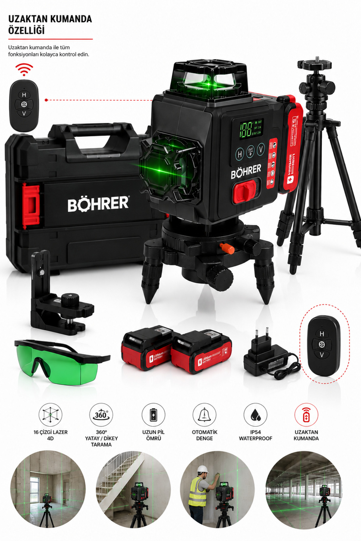 BÖHRER 16 Çizgi 4D Şarjlı Lazer Hizalama 360° Yeşil Lazer Uzaktan