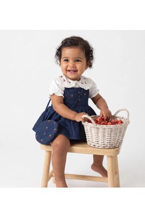 Valia Baby Vişne Desenli Denim Kız Bebek 3'lü Romper Takımı