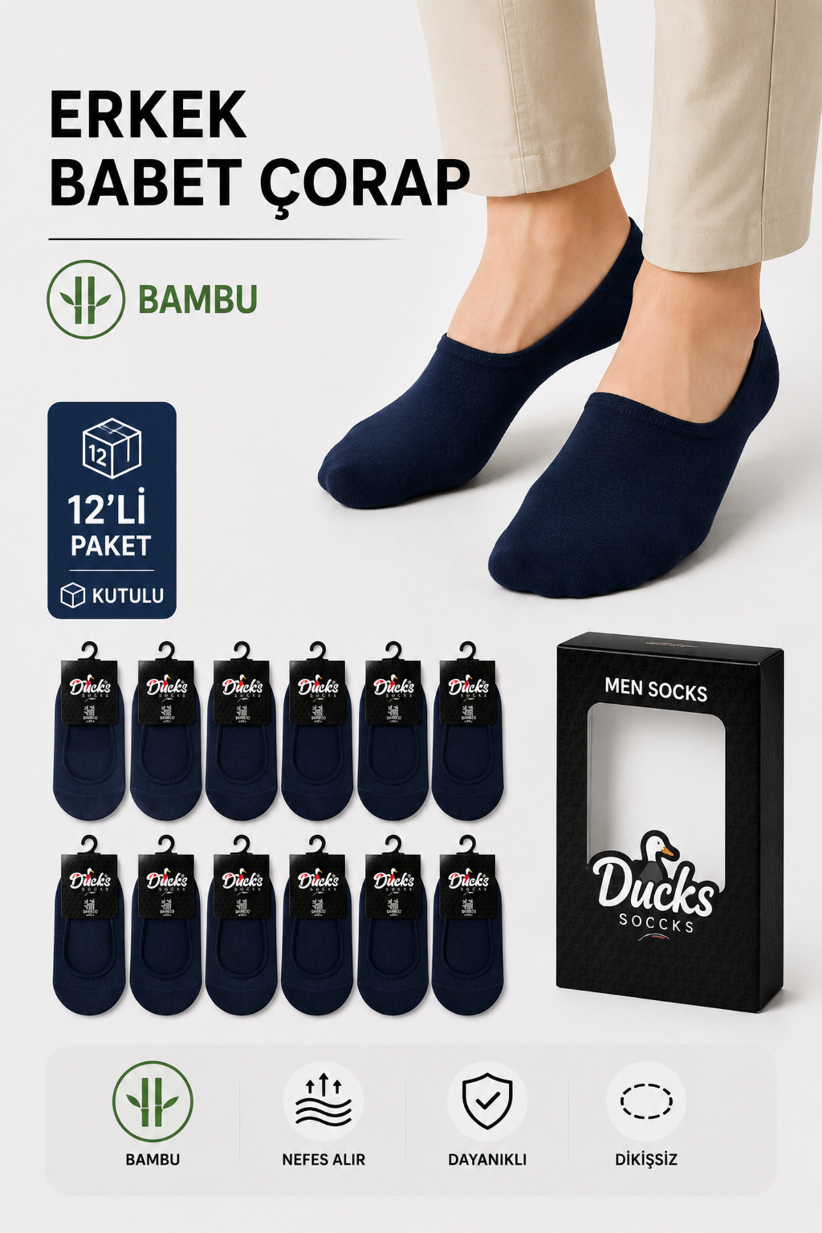Erkek Bambu Babet Çorap Kutulu 12'li Dikişsiz Ayaktan Çıkma Önleyici Slikonlu Babet Çorap Lacivert