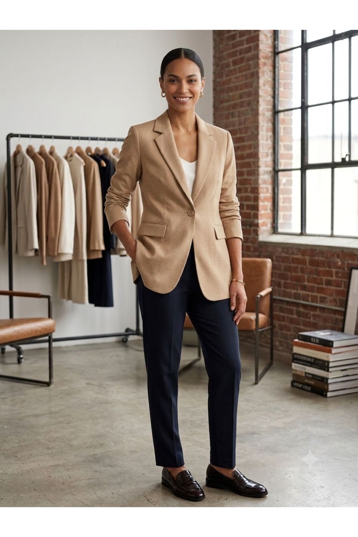 MAESTRO WOMAN  Kadın Sütlü Kahverengi Keten Görünümlü Tek Düğme Astarlı Blazer Ceket