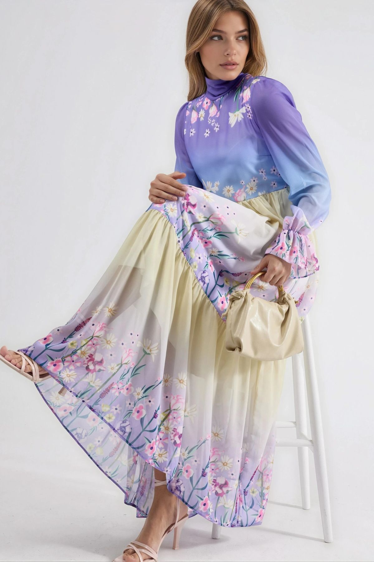 Hiccup Msn Floral Chiffon Turtleneck Long Dress