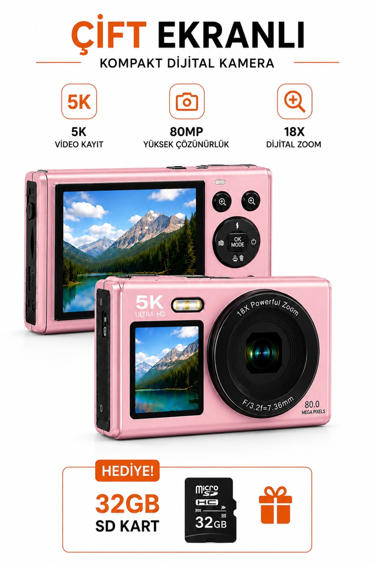 RAYLAX 5K Ultra HD Çift Ekranlı Dijital Fotoğraf Makinesi 80MP AF