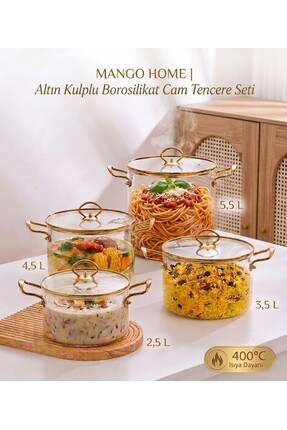 Mango Home Altın Serisi 8 Parça Borosilikat Cam Tencere Seti - Ateşe Dayanıkl...