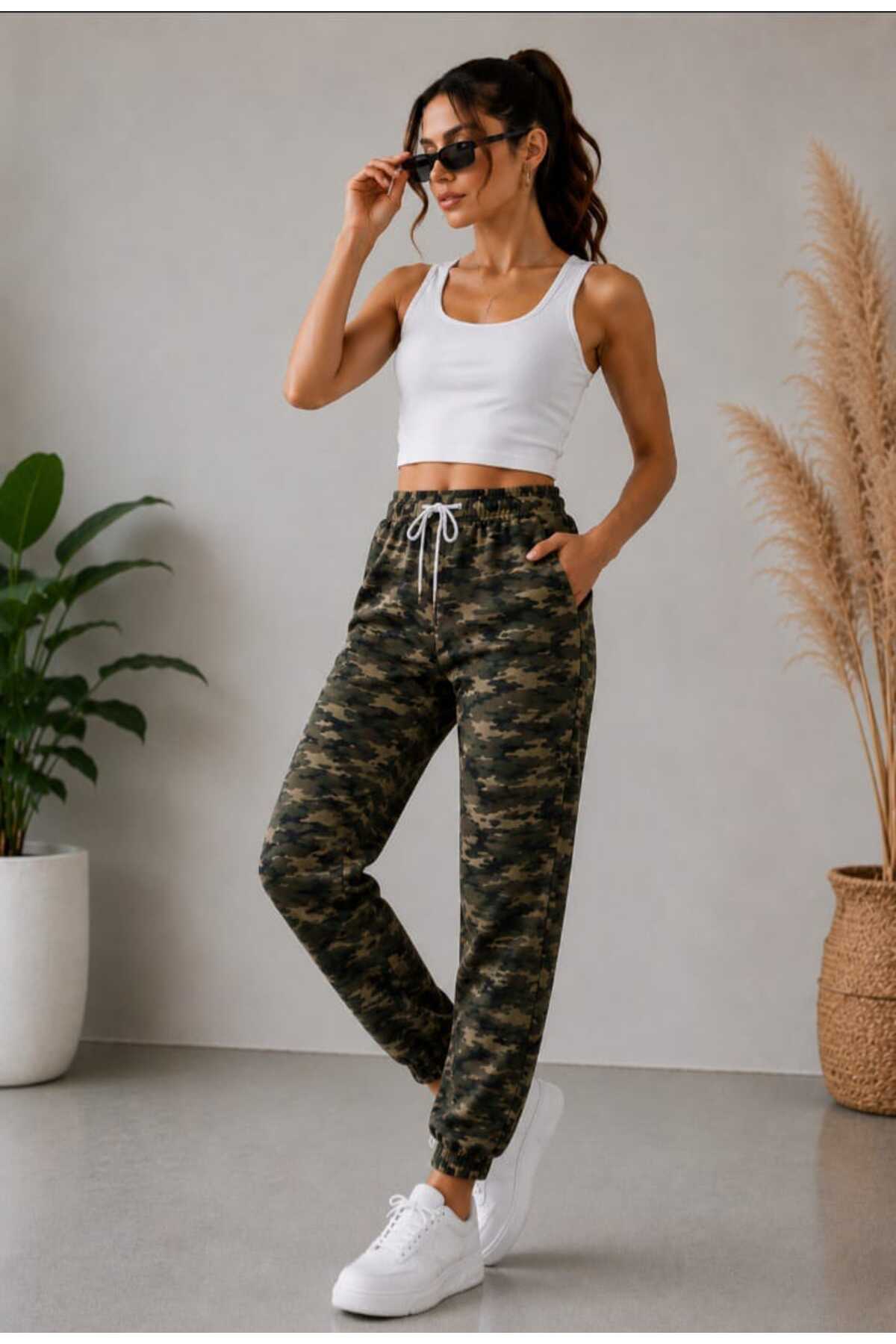 Kamuflaj Desenli Sokak Stili Trend Lastikli Cepli İp Detaylı Pantolon — سبز kamuflaj1