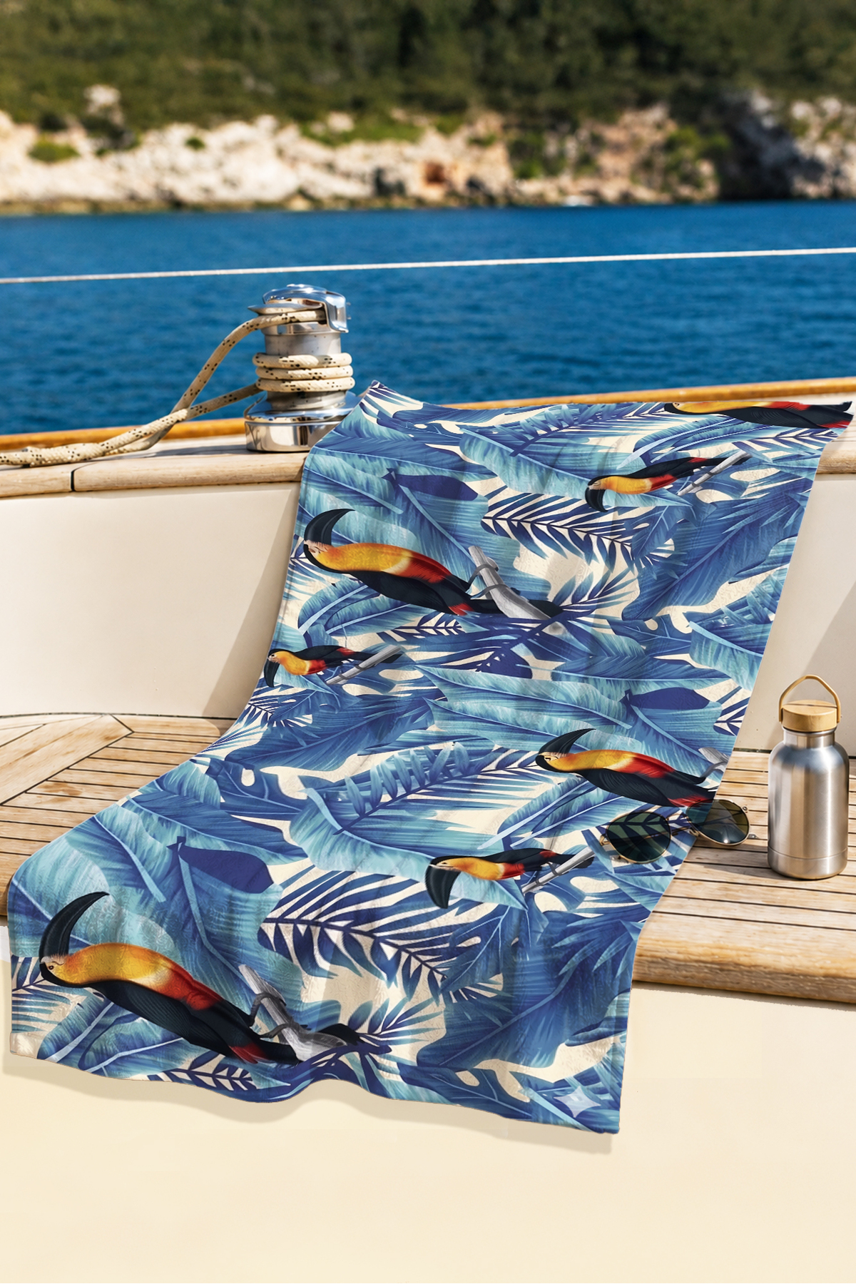 Tropical Bird Leaf Beach Towel - Marine Exotic Blue Orange Fast Drying Microfiber Towel