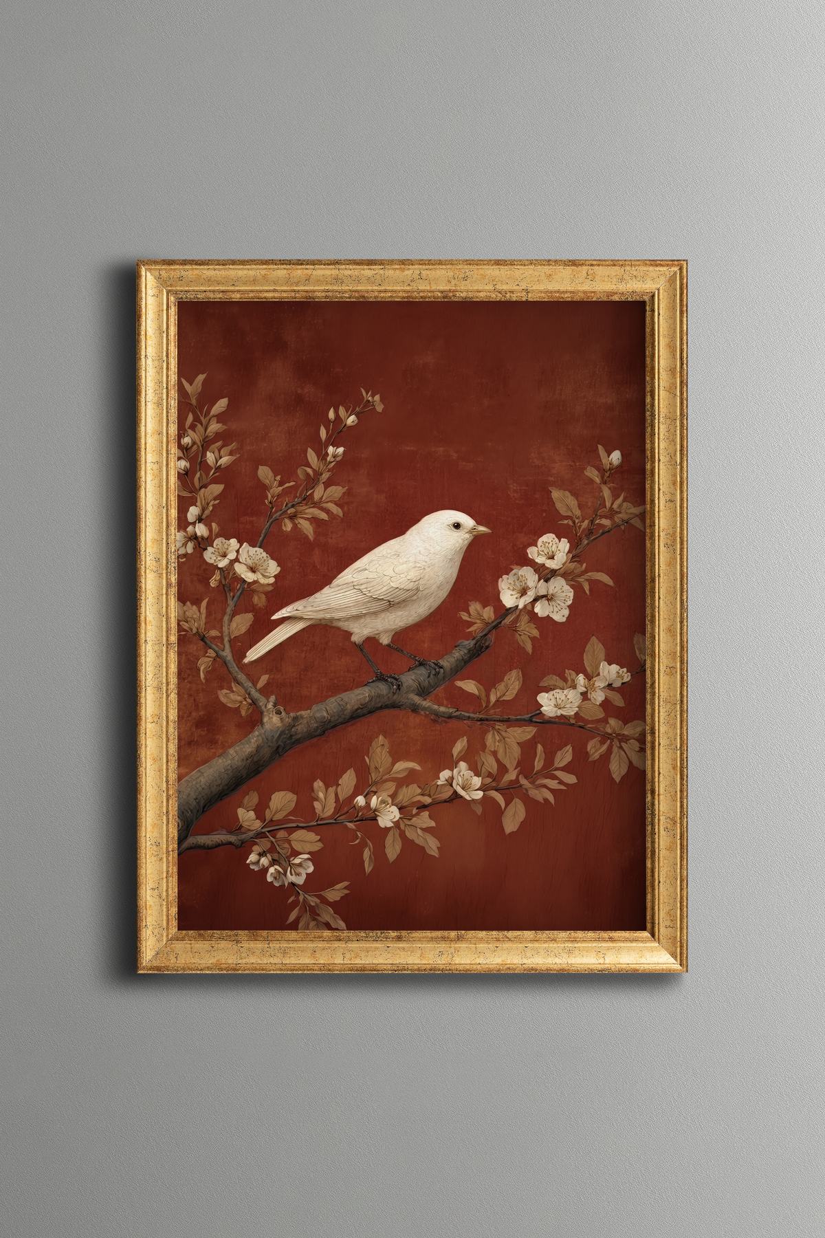White Bird and Flowering Branch Table - Vintage Patterned Frame - Thin Model