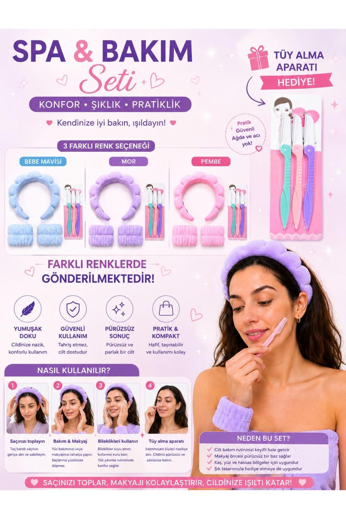 MİLANO BEAUTYS Kadın Havlu Kumaş Bombeli Spa Makyaj Tacı ,Yüz Yıkama Bileklik Seti,Tüy Alma Aparatı Hediye görsel 3