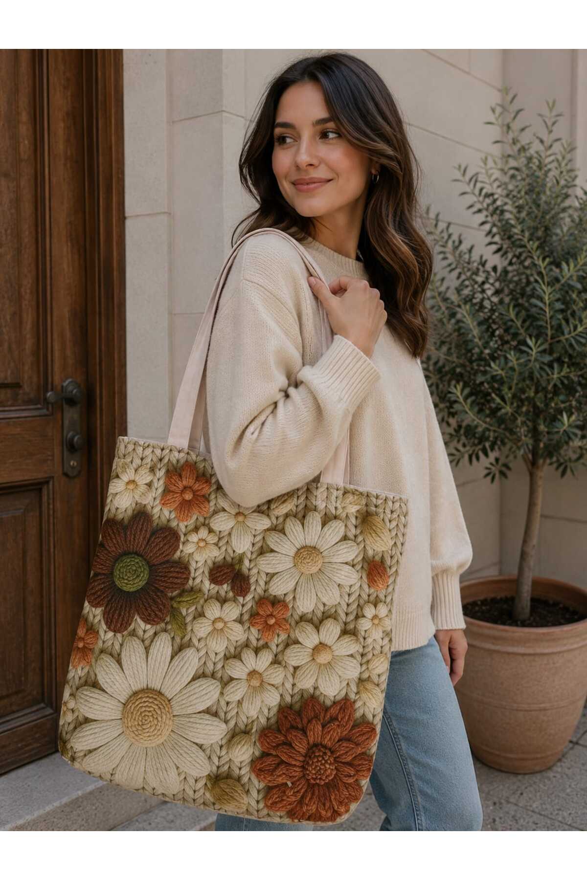 ÖZDAĞ HOME CONCEPT 40x40 cm Dijital Baskılı Süet Kumaş Kadın Omuz Çantası –Çok Renkli - Desenli Günlük ve Plaj Çantası görsel 5