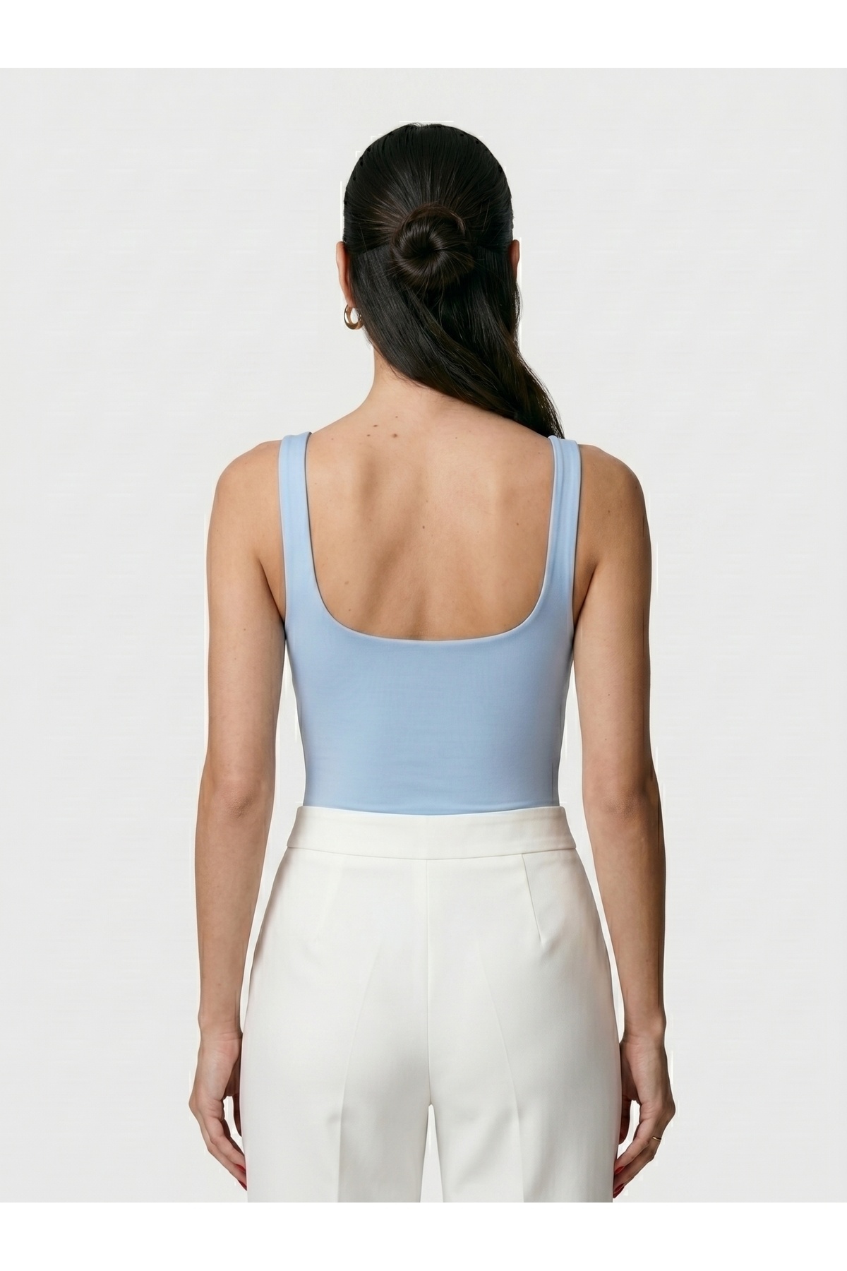 Kadın Kare Yaka Kalın Askılı Çıtçıtlı Body Slim Fit Dar Kalıp Likralı Bodysuit - Mavi 4