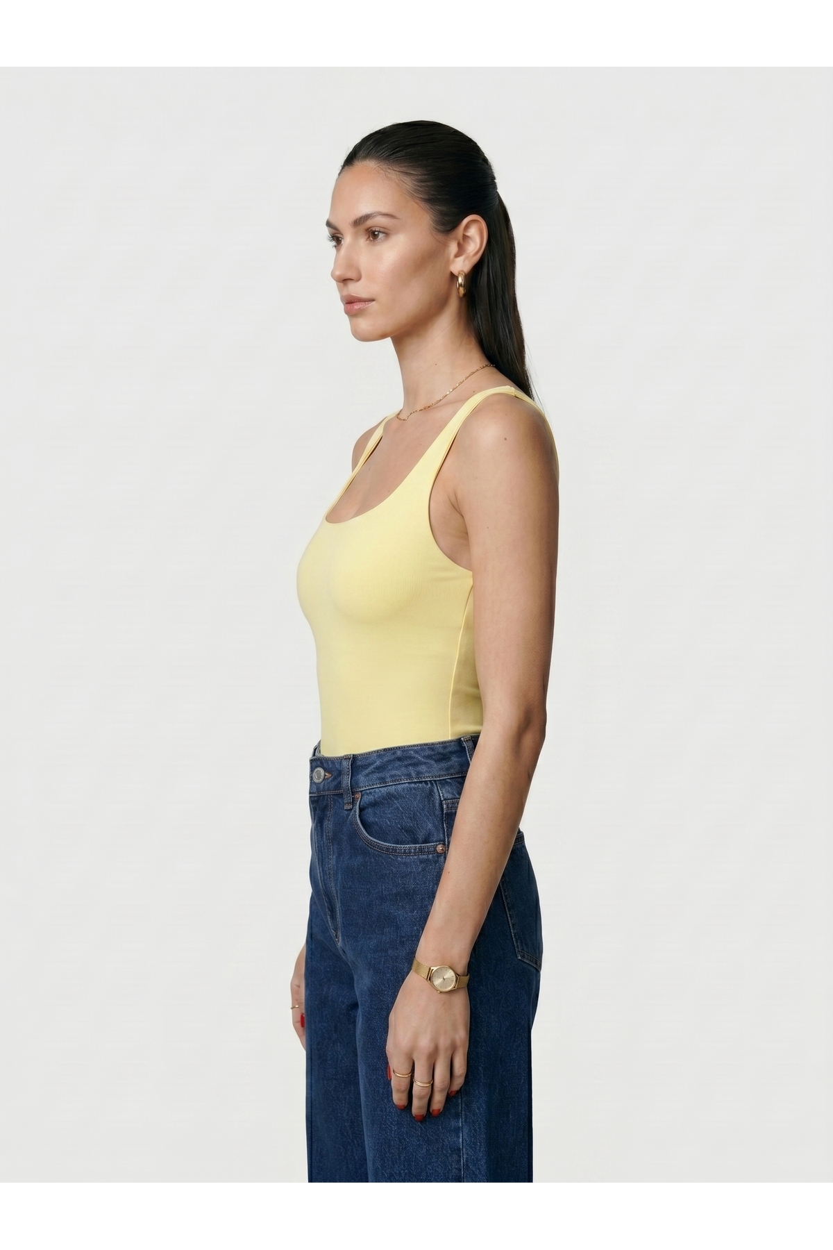 Kadın Kare Yaka Kalın Askılı Çıtçıtlı Body Slim Fit Dar Kalıp Likralı Bodysuit - Sarı 3