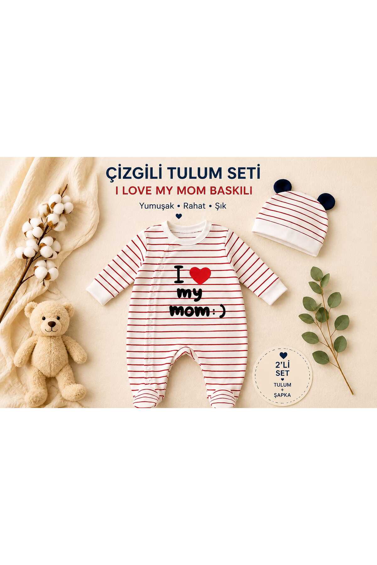 2'li Hastane Çıkışı Bebek Tulum Seti - Şapkalı I Love My Mom Baskılı