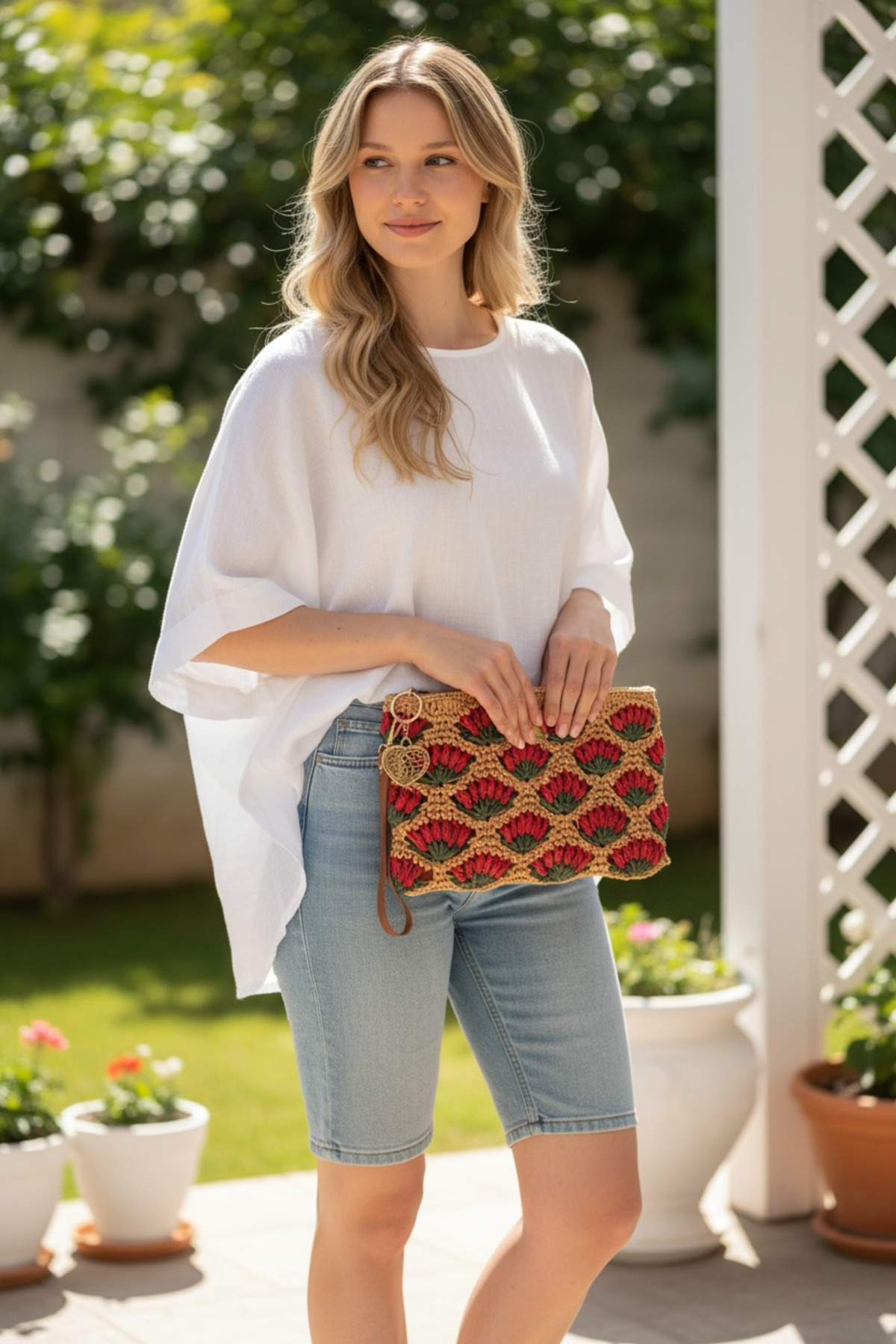 satürn hobi örgü tasarım Örgü Hasır Deri Astarlı Clutch Çanta görsel 3