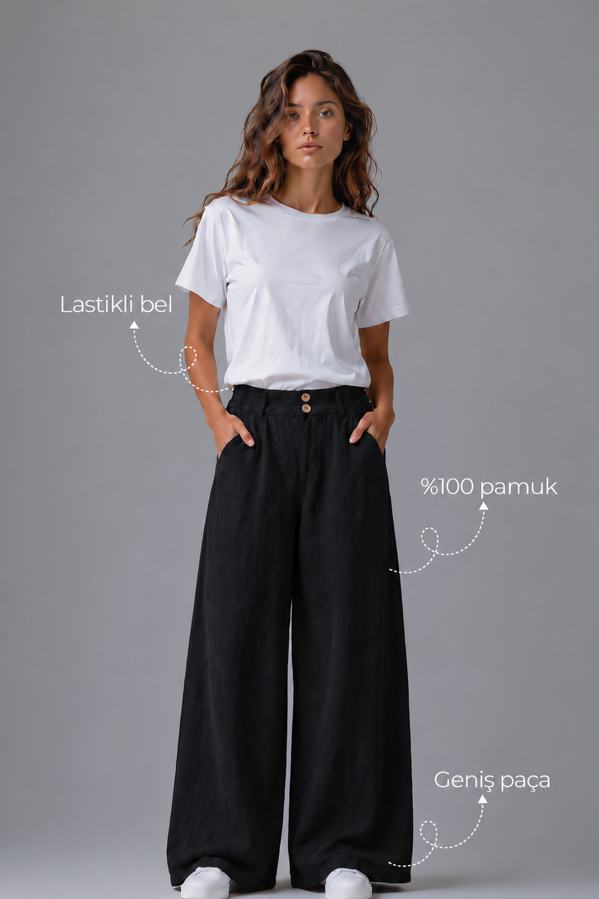 Denvy Denim Kadın Siyah Çift Düğme Detaylı Palazzo Pantolon görsel 2