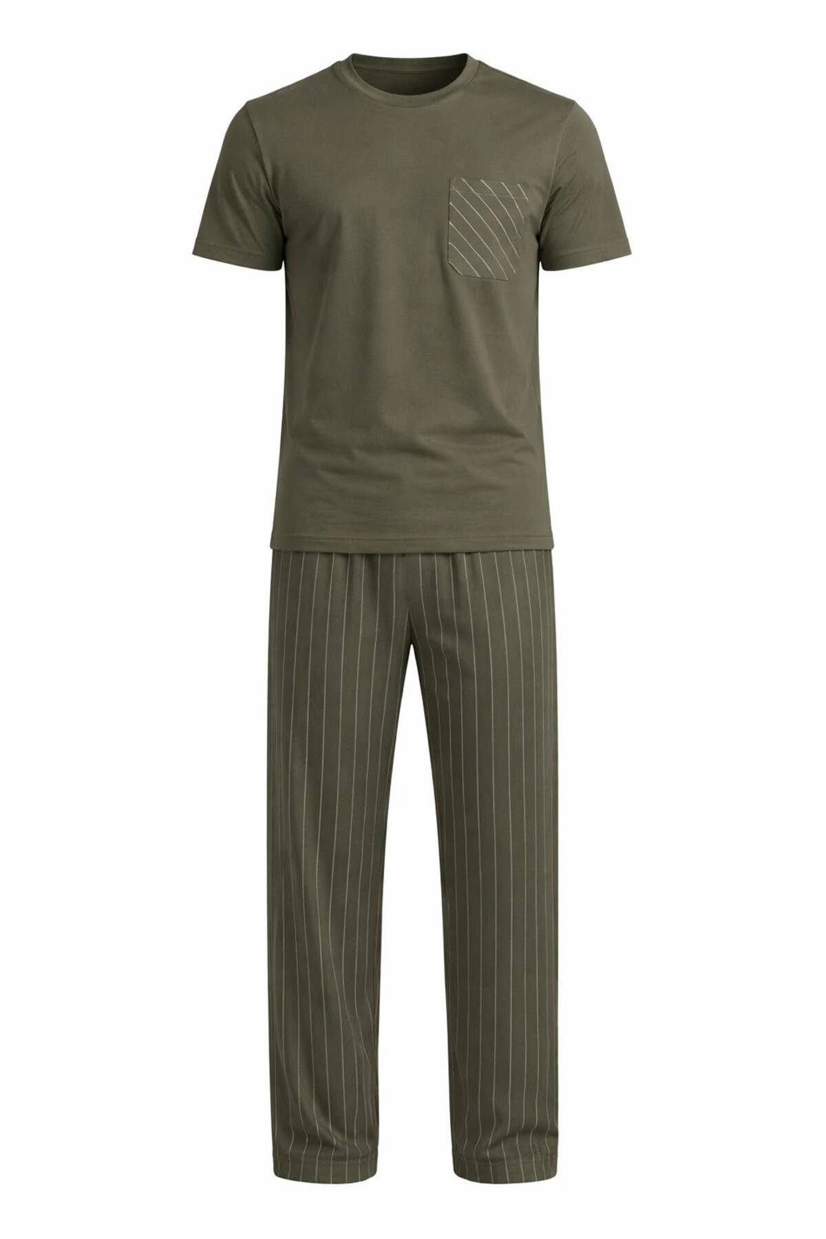 Sude HOMEWEAR Erkek Kısa Kol Yeşil Renk Çizgili Cepli Pijama Takımı görsel 3