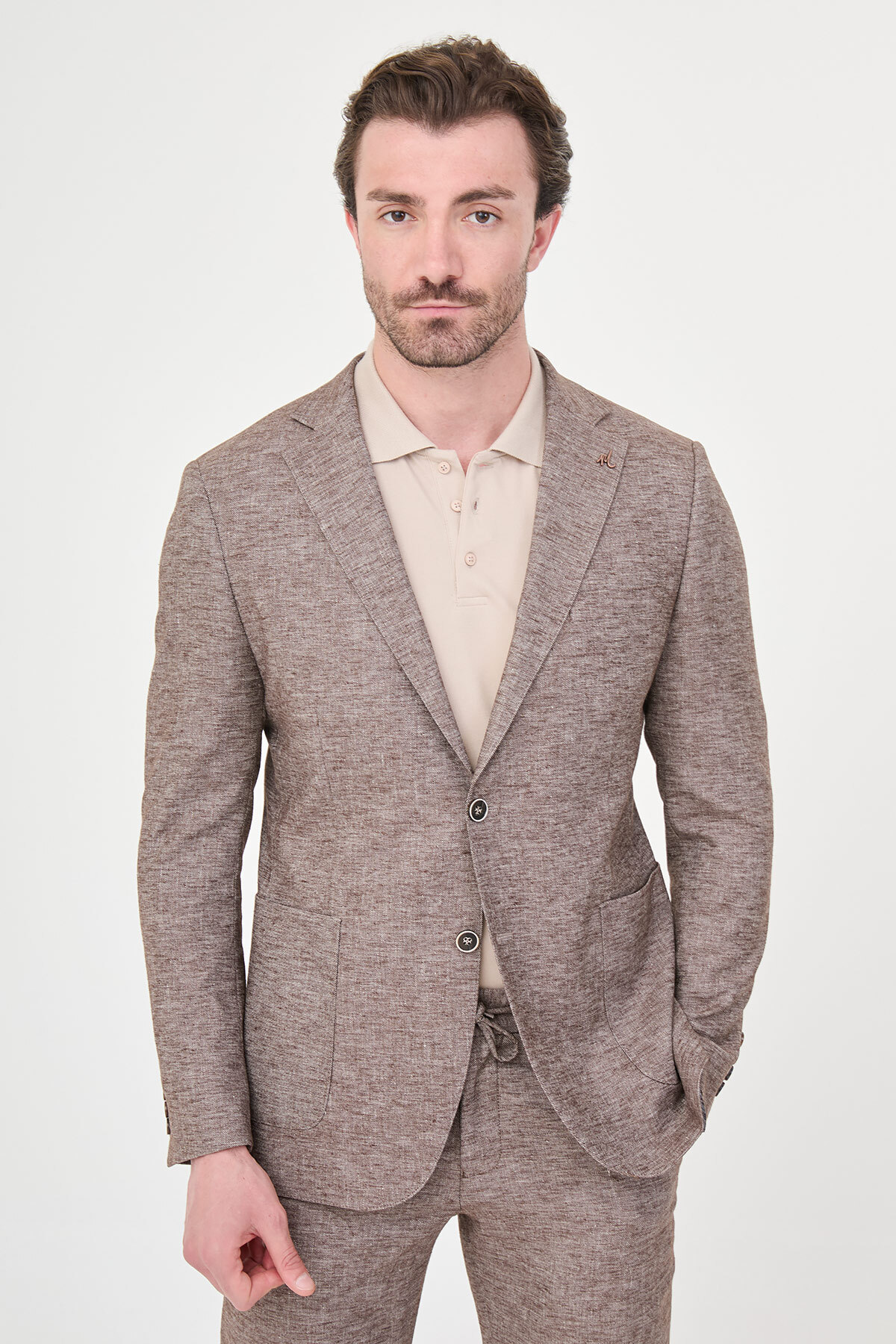 Mcr Gray Slim Fit Mono Collar Trousers Drawstring Linen Men's Suit Brown - 45475.26Y